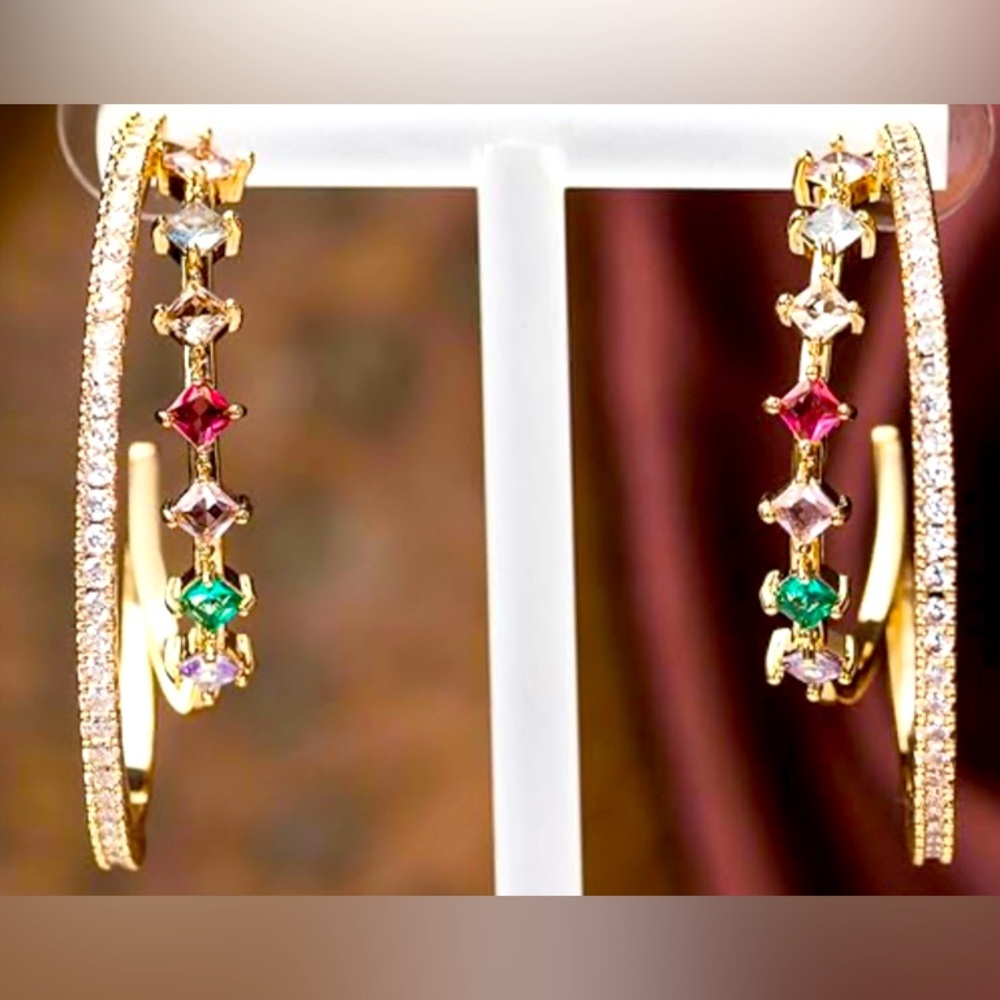 Gorgeous 18kt Dip Dillards Gemstone Dangle Hoop Earrings